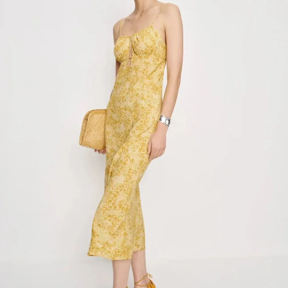 reformation dress yellow Jeany Halter Silk Column Maxi Try not to play favorites Reformation Briony Dress, Honeyglow/Yellow/Multi